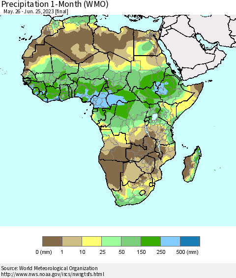 Africa Precipitation 1-Month (WMO) Thematic Map For 5/26/2023 - 6/25/2023