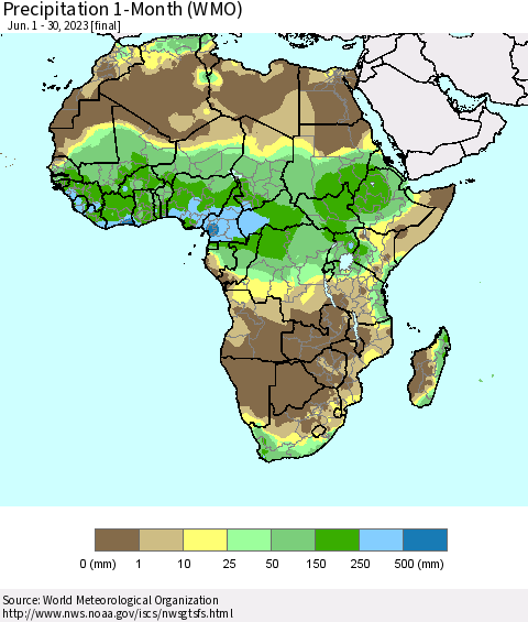 Africa Precipitation 1-Month (WMO) Thematic Map For 6/1/2023 - 6/30/2023
