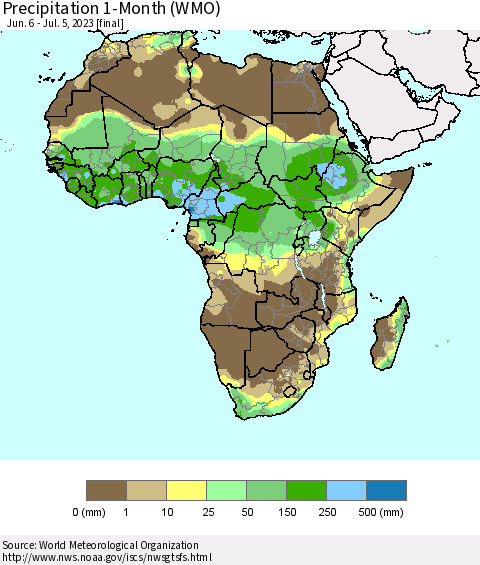 Africa Precipitation 1-Month (WMO) Thematic Map For 6/6/2023 - 7/5/2023