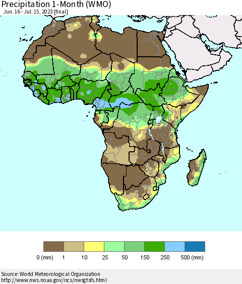 Africa Precipitation 1-Month (WMO) Thematic Map For 6/16/2023 - 7/15/2023
