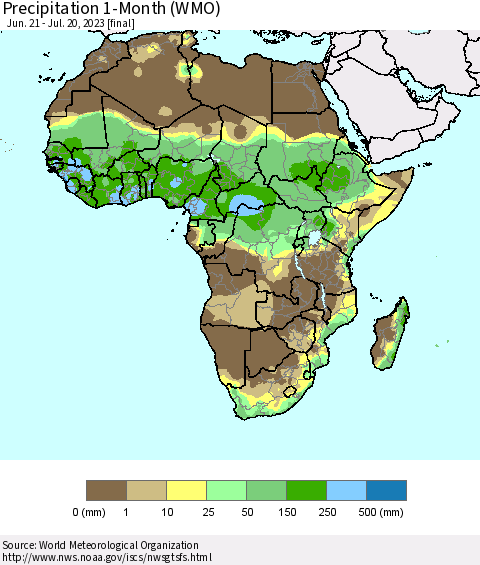 Africa Precipitation 1-Month (WMO) Thematic Map For 6/21/2023 - 7/20/2023