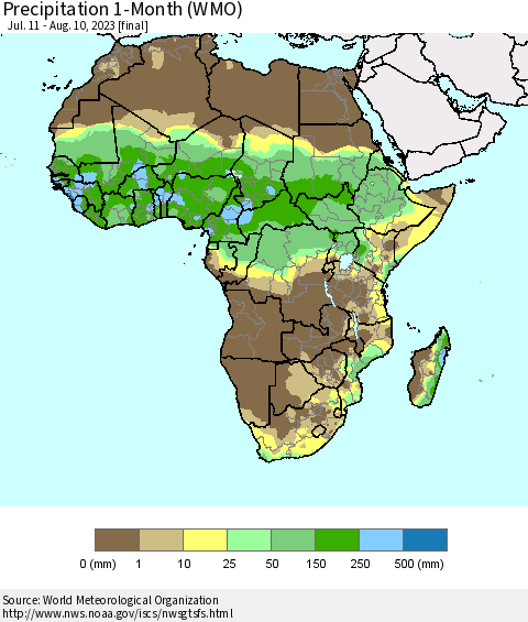 Africa Precipitation 1-Month (WMO) Thematic Map For 7/11/2023 - 8/10/2023