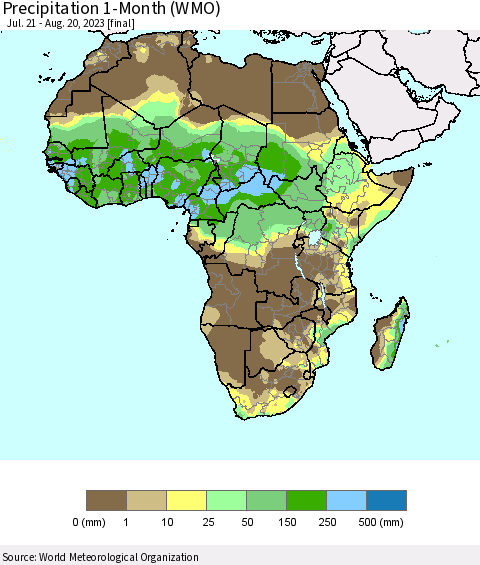 Africa Precipitation 1-Month (WMO) Thematic Map For 7/21/2023 - 8/20/2023