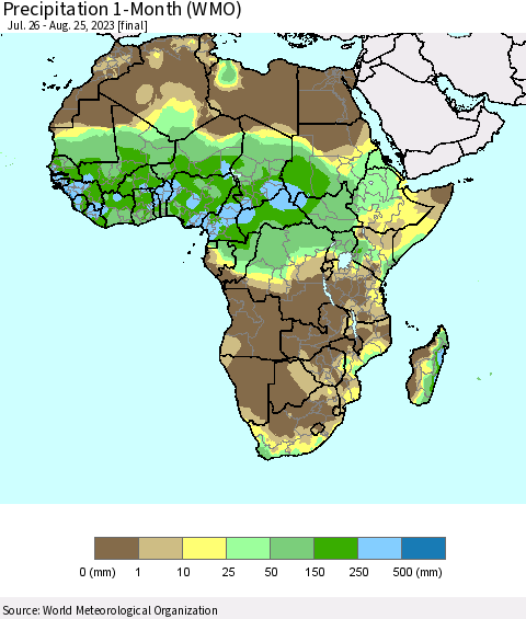 Africa Precipitation 1-Month (WMO) Thematic Map For 7/26/2023 - 8/25/2023