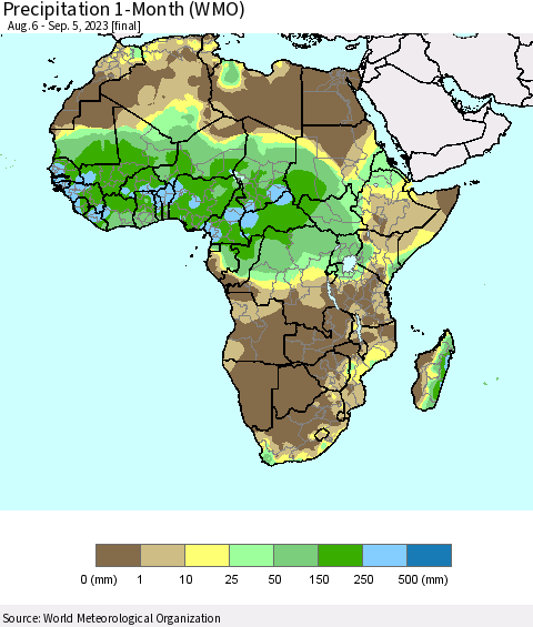 Africa Precipitation 1-Month (WMO) Thematic Map For 8/6/2023 - 9/5/2023