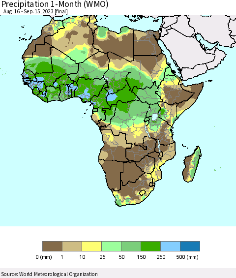 Africa Precipitation 1-Month (WMO) Thematic Map For 8/16/2023 - 9/15/2023