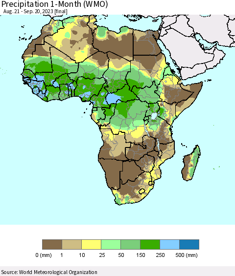 Africa Precipitation 1-Month (WMO) Thematic Map For 8/21/2023 - 9/20/2023