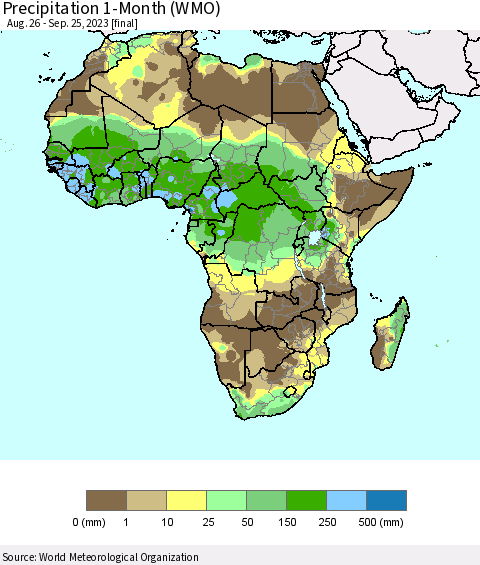 Africa Precipitation 1-Month (WMO) Thematic Map For 8/26/2023 - 9/25/2023