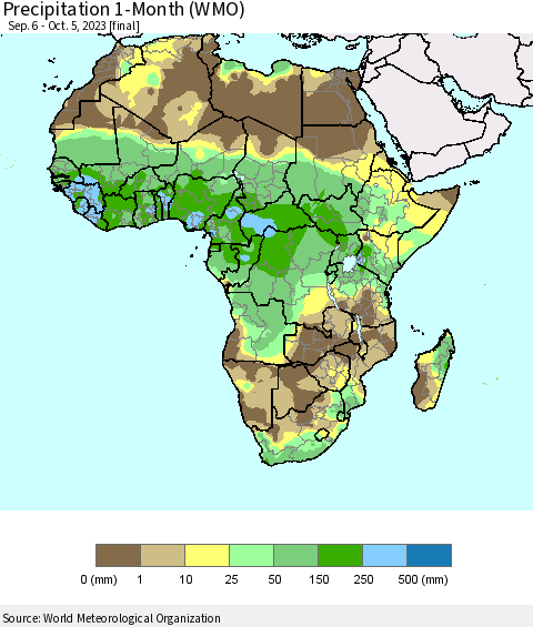 Africa Precipitation 1-Month (WMO) Thematic Map For 9/6/2023 - 10/5/2023