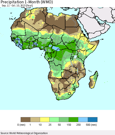 Africa Precipitation 1-Month (WMO) Thematic Map For 9/11/2023 - 10/10/2023