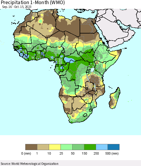 Africa Precipitation 1-Month (WMO) Thematic Map For 9/16/2023 - 10/15/2023