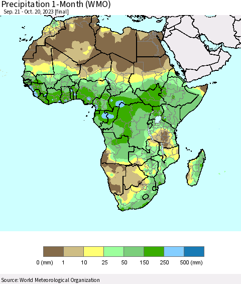 Africa Precipitation 1-Month (WMO) Thematic Map For 9/21/2023 - 10/20/2023