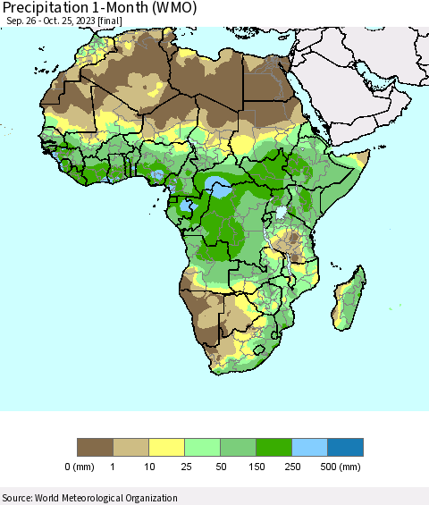 Africa Precipitation 1-Month (WMO) Thematic Map For 9/26/2023 - 10/25/2023