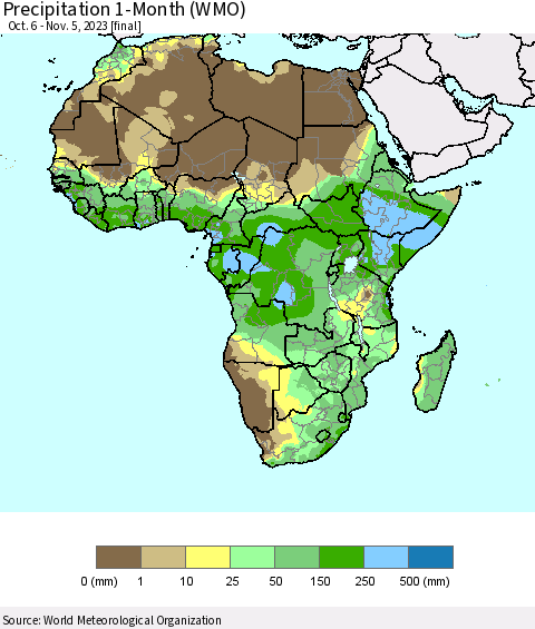 Africa Precipitation 1-Month (WMO) Thematic Map For 10/6/2023 - 11/5/2023