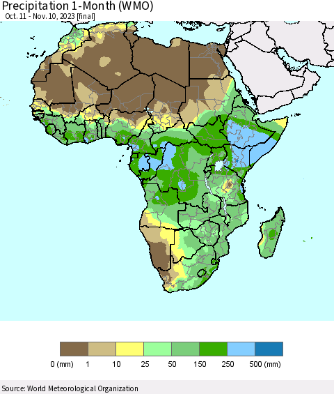 Africa Precipitation 1-Month (WMO) Thematic Map For 10/11/2023 - 11/10/2023