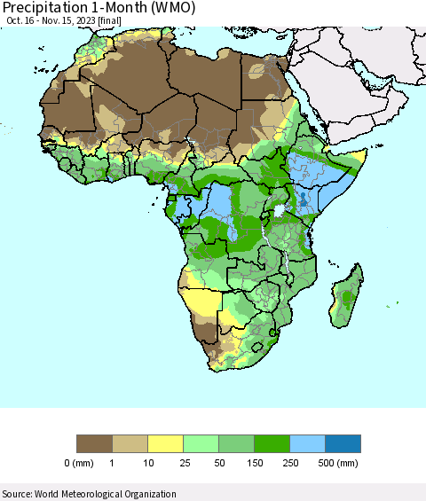 Africa Precipitation 1-Month (WMO) Thematic Map For 10/16/2023 - 11/15/2023