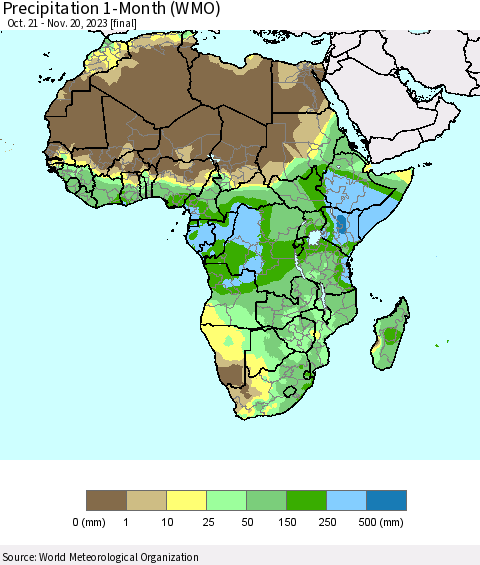 Africa Precipitation 1-Month (WMO) Thematic Map For 10/21/2023 - 11/20/2023