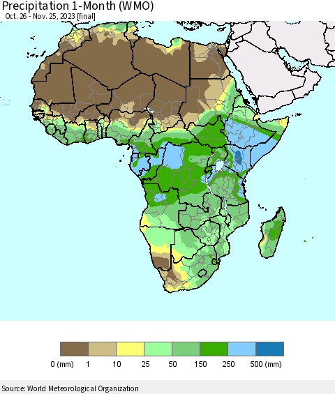 Africa Precipitation 1-Month (WMO) Thematic Map For 10/26/2023 - 11/25/2023