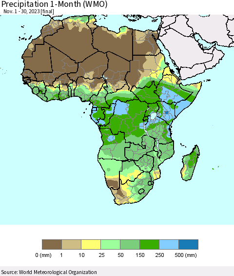 Africa Precipitation 1-Month (WMO) Thematic Map For 11/1/2023 - 11/30/2023