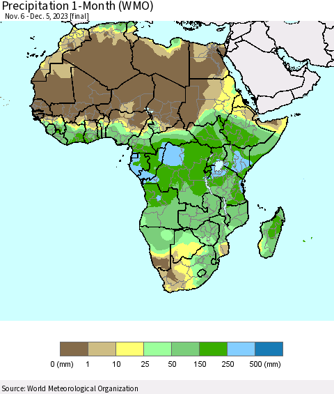 Africa Precipitation 1-Month (WMO) Thematic Map For 11/6/2023 - 12/5/2023
