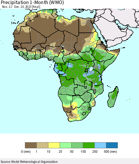 Africa Precipitation 1-Month (WMO) Thematic Map For 11/11/2023 - 12/10/2023