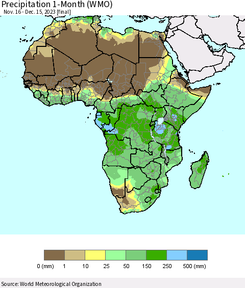 Africa Precipitation 1-Month (WMO) Thematic Map For 11/16/2023 - 12/15/2023