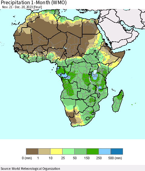 Africa Precipitation 1-Month (WMO) Thematic Map For 11/21/2023 - 12/20/2023