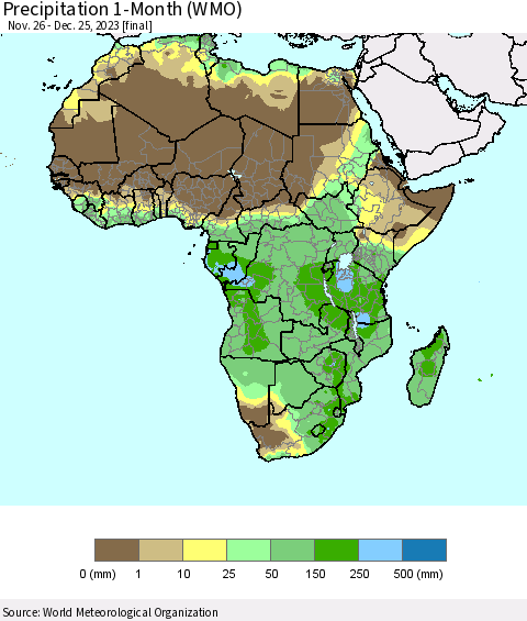 Africa Precipitation 1-Month (WMO) Thematic Map For 11/26/2023 - 12/25/2023