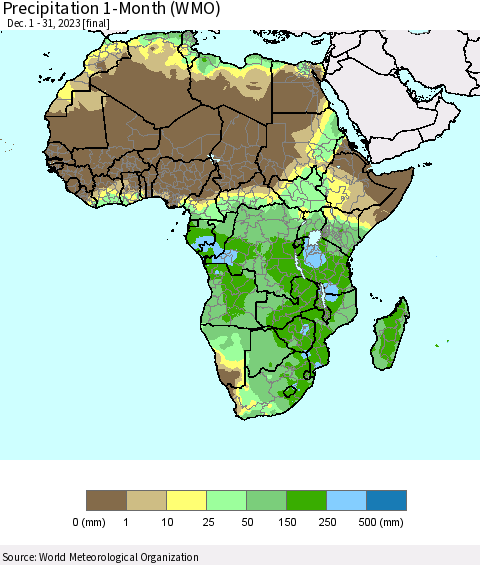 Africa Precipitation 1-Month (WMO) Thematic Map For 12/1/2023 - 12/31/2023