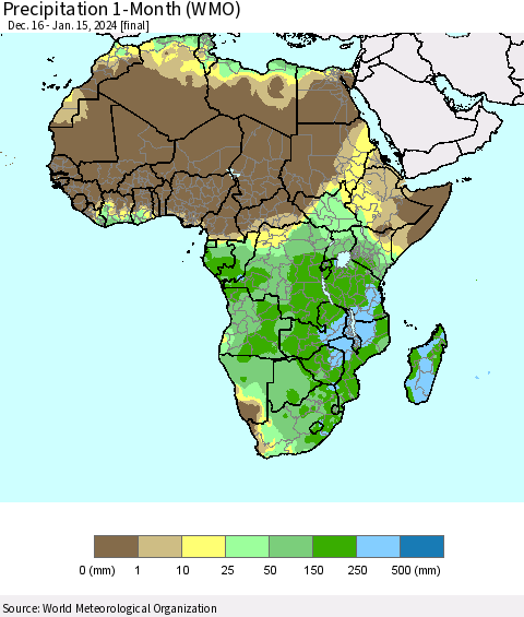 Africa Precipitation 1-Month (WMO) Thematic Map For 12/16/2023 - 1/15/2024
