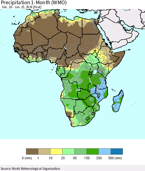 Africa Precipitation 1-Month (WMO) Thematic Map For 12/26/2023 - 1/25/2024