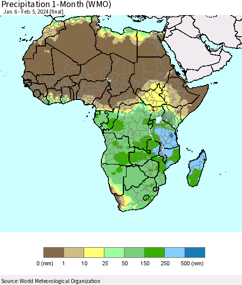 Africa Precipitation 1-Month (WMO) Thematic Map For 1/6/2024 - 2/5/2024