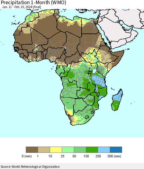 Africa Precipitation 1-Month (WMO) Thematic Map For 1/11/2024 - 2/10/2024