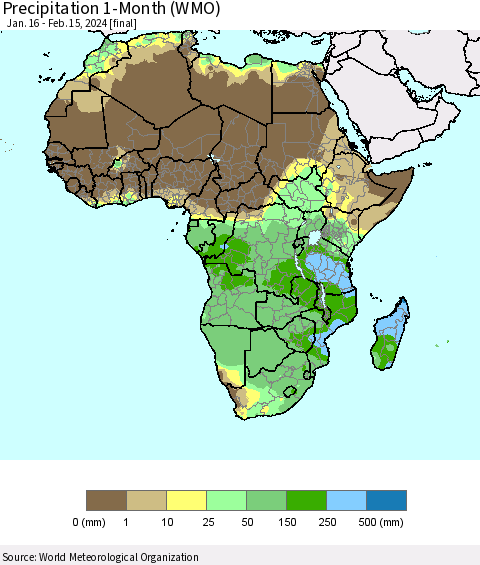 Africa Precipitation 1-Month (WMO) Thematic Map For 1/16/2024 - 2/15/2024