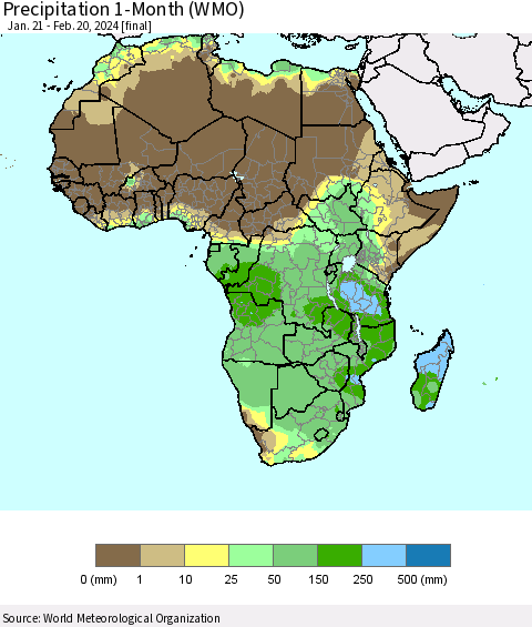Africa Precipitation 1-Month (WMO) Thematic Map For 1/21/2024 - 2/20/2024