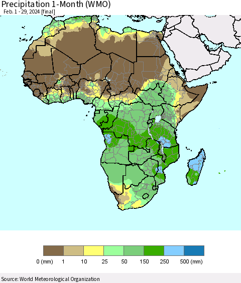 Africa Precipitation 1-Month (WMO) Thematic Map For 2/1/2024 - 2/29/2024