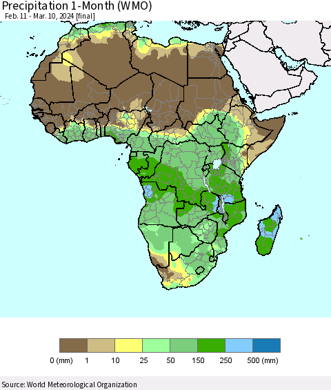 Africa Precipitation 1-Month (WMO) Thematic Map For 2/11/2024 - 3/10/2024