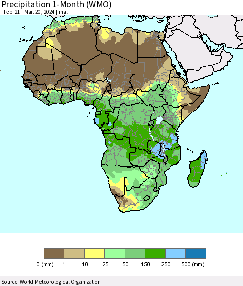 Africa Precipitation 1-Month (WMO) Thematic Map For 2/21/2024 - 3/20/2024
