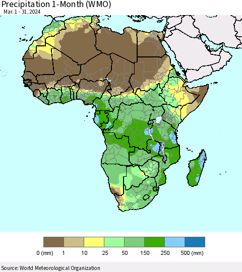 Africa Precipitation 1-Month (WMO) Thematic Map For 3/1/2024 - 3/31/2024