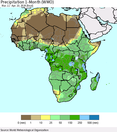 Africa Precipitation 1-Month (WMO) Thematic Map For 3/11/2024 - 4/10/2024