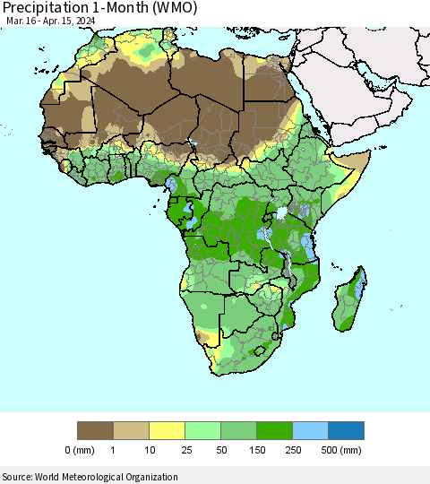 Africa Precipitation 1-Month (WMO) Thematic Map For 3/16/2024 - 4/15/2024