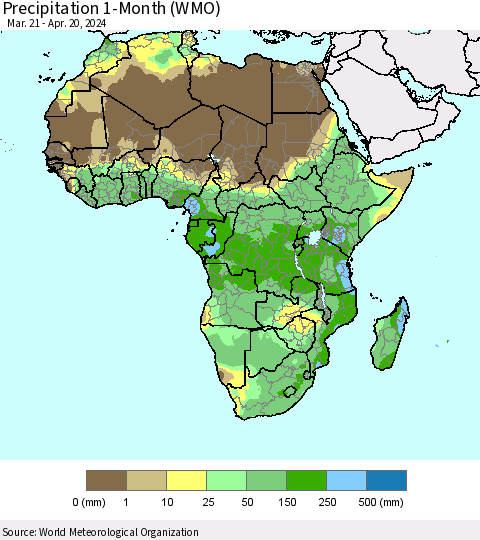 Africa Precipitation 1-Month (WMO) Thematic Map For 3/21/2024 - 4/20/2024