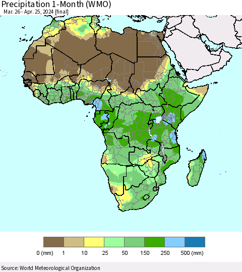Africa Precipitation 1-Month (WMO) Thematic Map For 3/26/2024 - 4/25/2024