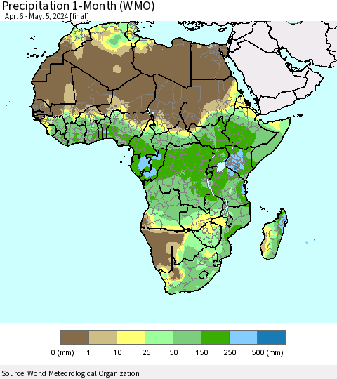 Africa Precipitation 1-Month (WMO) Thematic Map For 4/6/2024 - 5/5/2024