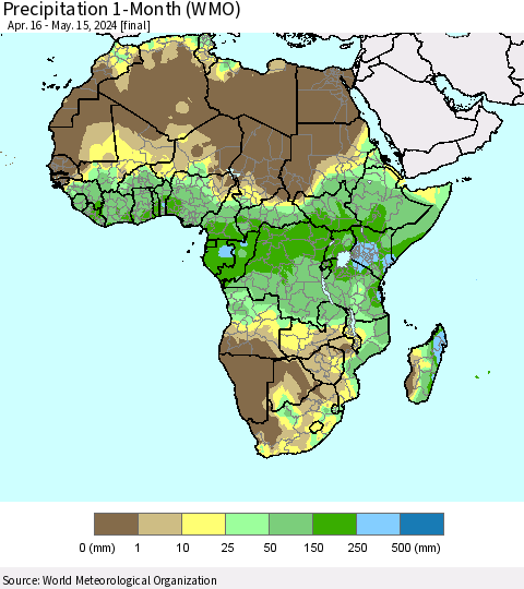 Africa Precipitation 1-Month (WMO) Thematic Map For 4/16/2024 - 5/15/2024