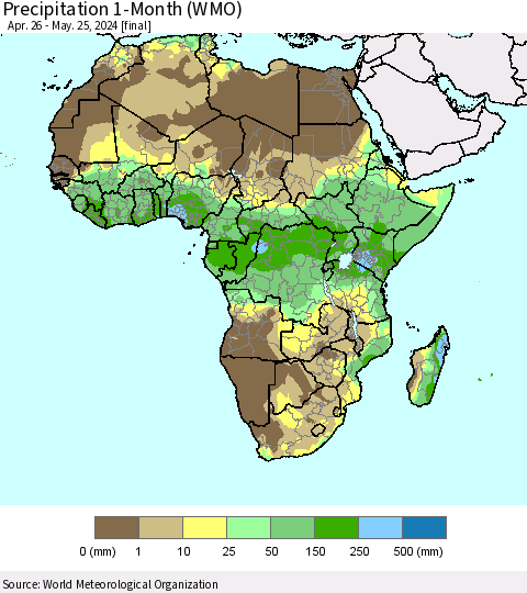 Africa Precipitation 1-Month (WMO) Thematic Map For 4/26/2024 - 5/25/2024