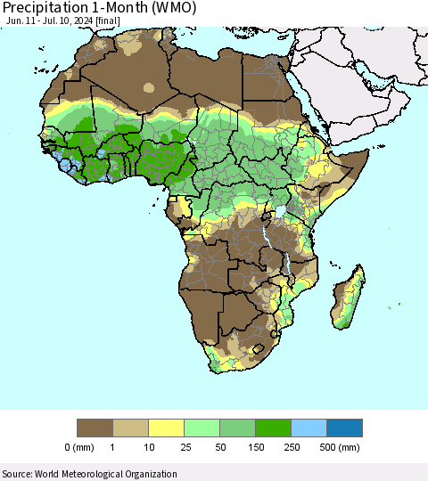 Africa Precipitation 1-Month (WMO) Thematic Map For 6/11/2024 - 7/10/2024