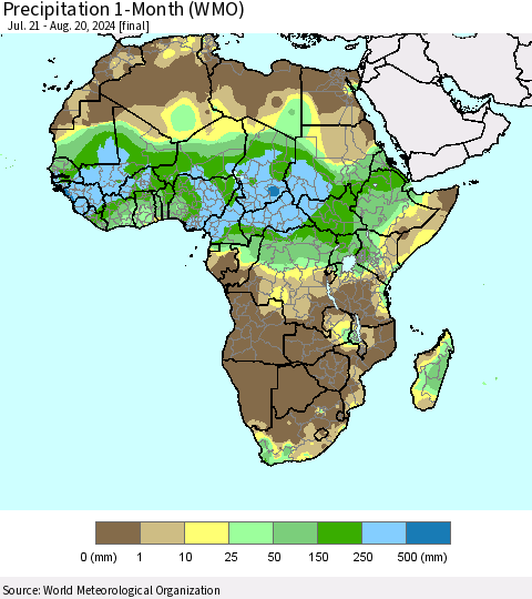 Africa Precipitation 1-Month (WMO) Thematic Map For 7/21/2024 - 8/20/2024