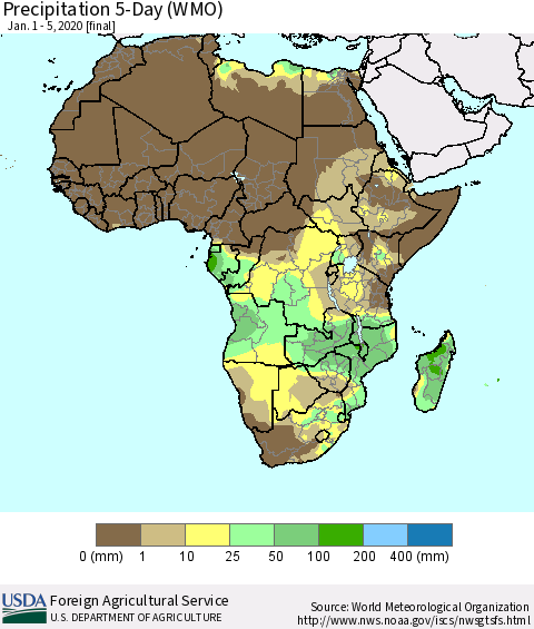 Africa Precipitation 5-Day (WMO) Thematic Map For 1/1/2020 - 1/5/2020