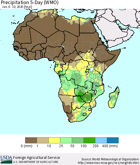 Africa Precipitation 5-Day (WMO) Thematic Map For 1/6/2020 - 1/10/2020